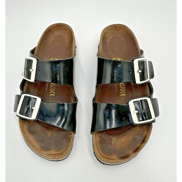 Birkenstock Arizona Patent Leather Black Sandals White Buckle Womens 38 US 7.5 - Picture 2 of 16